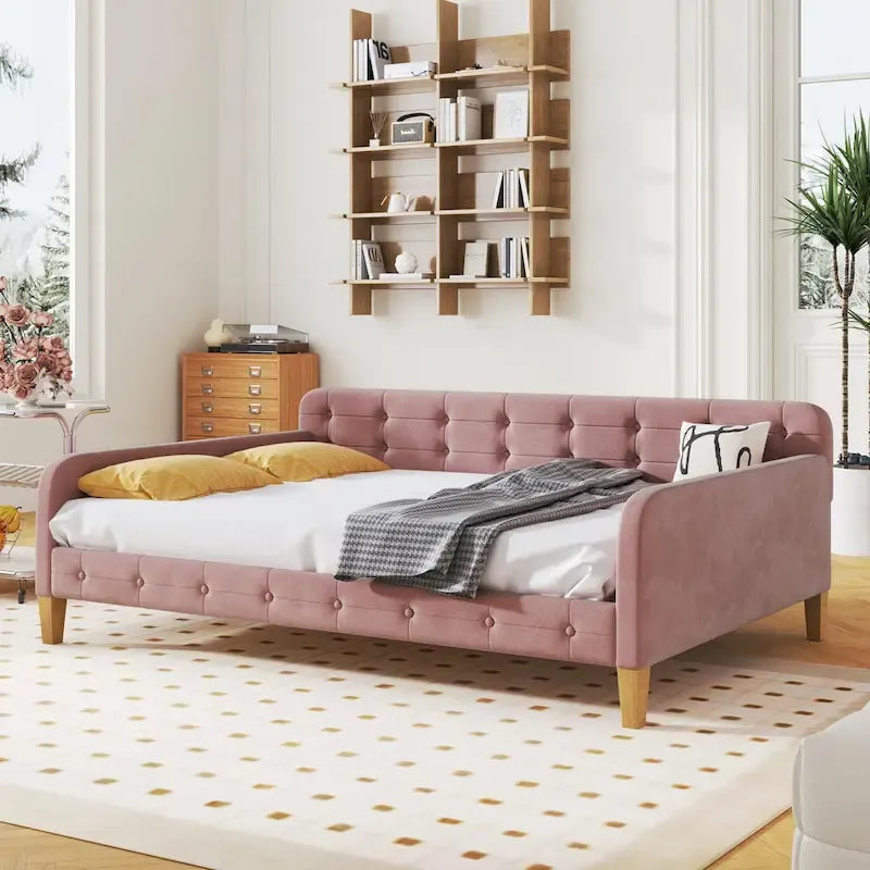 Velvet Upholstered Daybed - Full/Twin Size, 600lb Capacity, 4 Pine Wood Legs, Dual Function Sofa Bed with Slat Kit