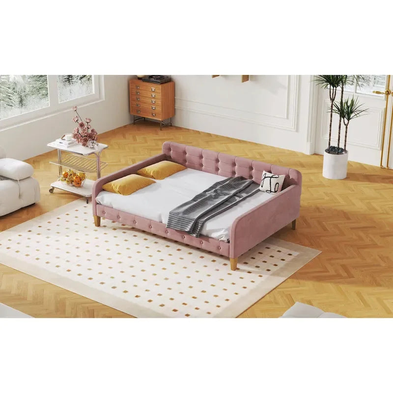 Velvet Upholstered Daybed - Full/Twin Size, 600lb Capacity, 4 Pine Wood Legs, Dual Function Sofa Bed with Slat Kit