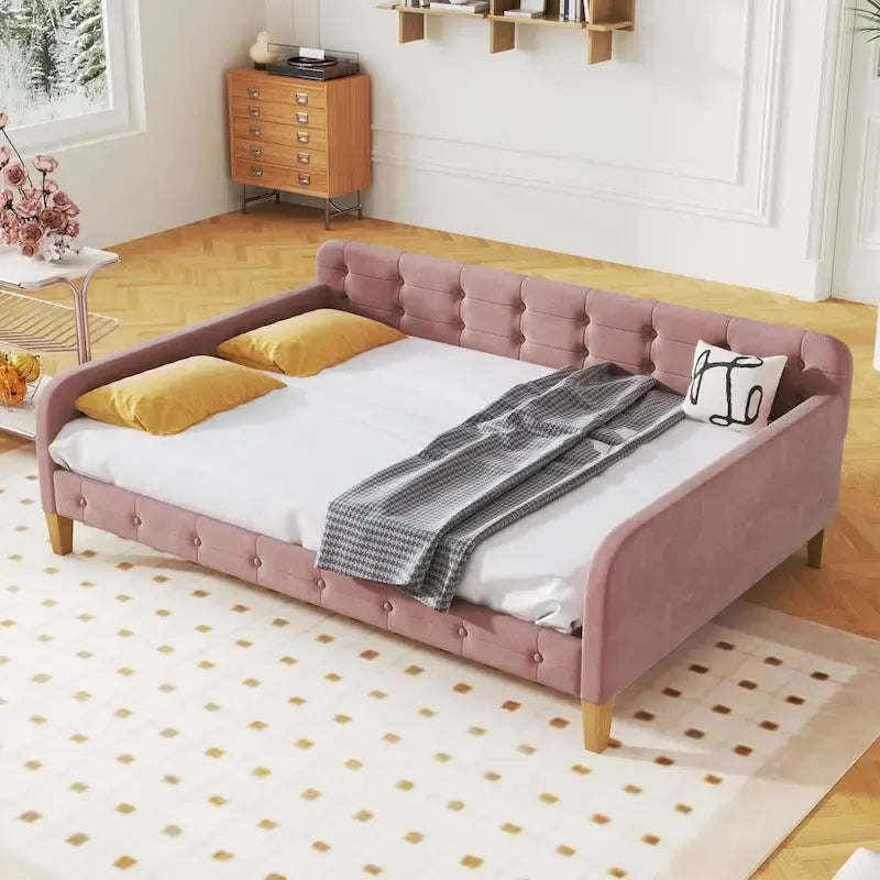 Velvet Upholstered Daybed - Full/Twin Size, 600lb Capacity, 4 Pine Wood Legs, Dual Function Sofa Bed with Slat Kit