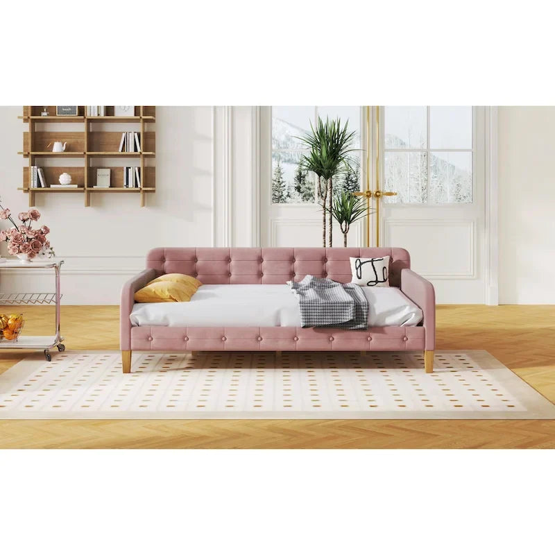 Velvet Upholstered Daybed - Full/Twin Size, 600lb Capacity, 4 Pine Wood Legs, Dual Function Sofa Bed with Slat Kit