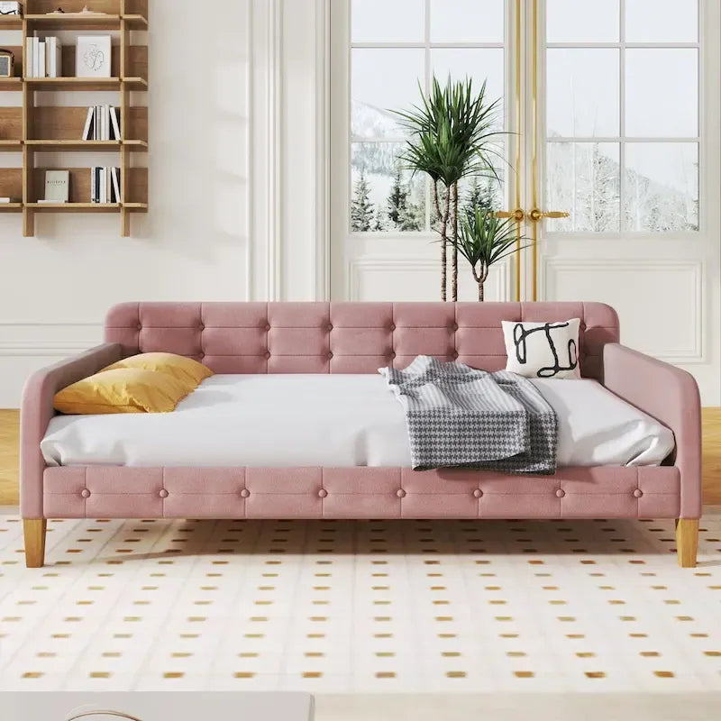 Velvet Upholstered Daybed - Full/Twin Size, 600lb Capacity, 4 Pine Wood Legs, Dual Function Sofa Bed with Slat Kit