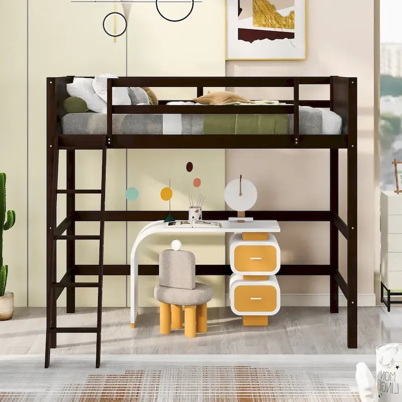 Twin Size Loft Bed with Ladder & Guard Rails - Solid Pine Wood Frame, 14 Slat Support, Space-Saving Design, No Box Spring Needed - 79.5"L x 67.5"H