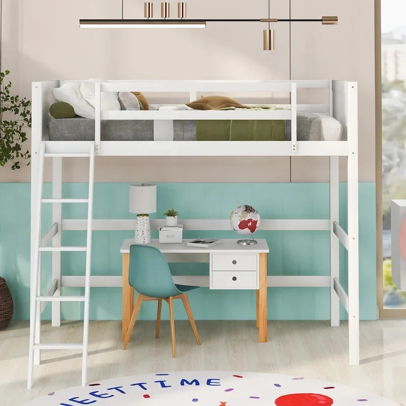 Twin Size Loft Bed with Ladder & Guard Rails - Solid Pine Wood Frame, 14 Slat Support, Space-Saving Design, No Box Spring Needed - 79.5"L x 67.5"H