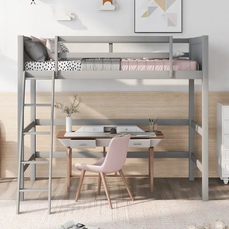 Twin Size Loft Bed with Ladder & Guard Rails - Solid Pine Wood Frame, 14 Slat Support, Space-Saving Design, No Box Spring Needed - 79.5"L x 67.5"H