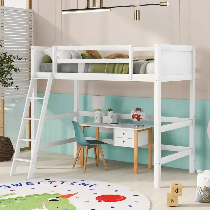 Twin Size Loft Bed with Ladder & Guard Rails - Solid Pine Wood Frame, 14 Slat Support, Space-Saving Design, No Box Spring Needed - 79.5"L x 67.5"H