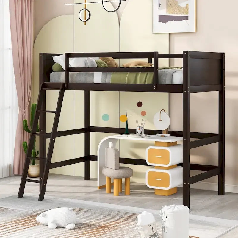 Twin Size Loft Bed with Ladder & Guard Rails - Solid Pine Wood Frame, 14 Slat Support, Space-Saving Design, No Box Spring Needed - 79.5"L x 67.5"H