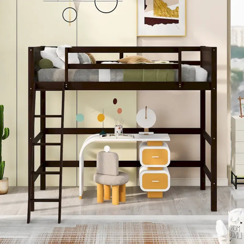 Twin Size Loft Bed with Ladder & Guard Rails - Solid Pine Wood Frame, 14 Slat Support, Space-Saving Design, No Box Spring Needed - 79.5"L x 67.5"H