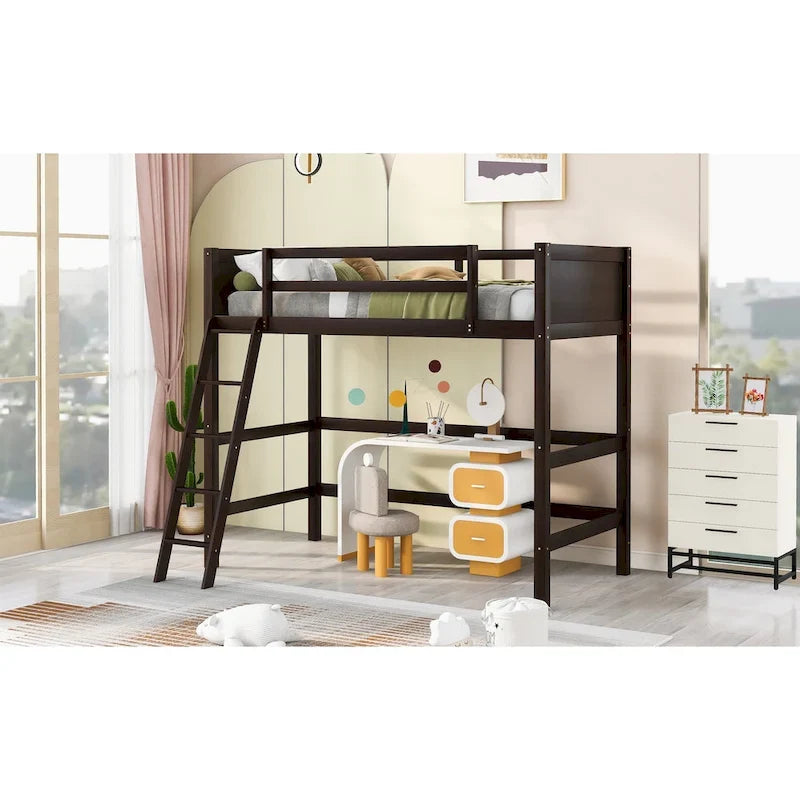 Twin Size Loft Bed with Ladder & Guard Rails - Solid Pine Wood Frame, 14 Slat Support, Space-Saving Design, No Box Spring Needed - 79.5"L x 67.5"H