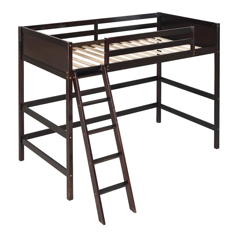 Twin Size Loft Bed with Ladder & Guard Rails - Solid Pine Wood Frame, 14 Slat Support, Space-Saving Design, No Box Spring Needed - 79.5"L x 67.5"H