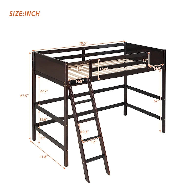 Twin Size Loft Bed with Ladder & Guard Rails - Solid Pine Wood Frame, 14 Slat Support, Space-Saving Design, No Box Spring Needed - 79.5"L x 67.5"H