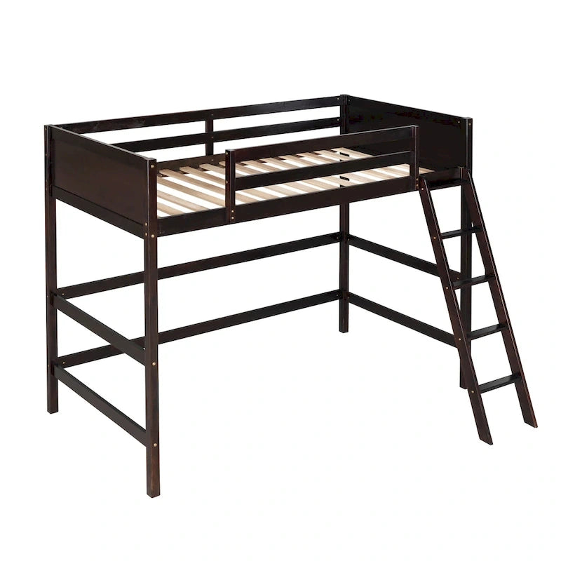 Twin Size Loft Bed with Ladder & Guard Rails - Solid Pine Wood Frame, 14 Slat Support, Space-Saving Design, No Box Spring Needed - 79.5"L x 67.5"H