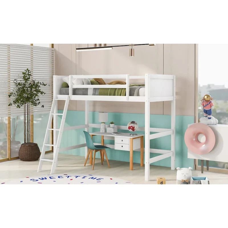 Twin Size Loft Bed with Ladder & Guard Rails - Solid Pine Wood Frame, 14 Slat Support, Space-Saving Design, No Box Spring Needed - 79.5"L x 67.5"H