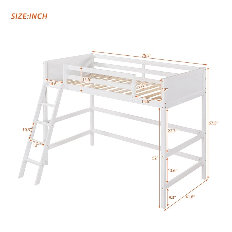 Twin Size Loft Bed with Ladder & Guard Rails - Solid Pine Wood Frame, 14 Slat Support, Space-Saving Design, No Box Spring Needed - 79.5"L x 67.5"H