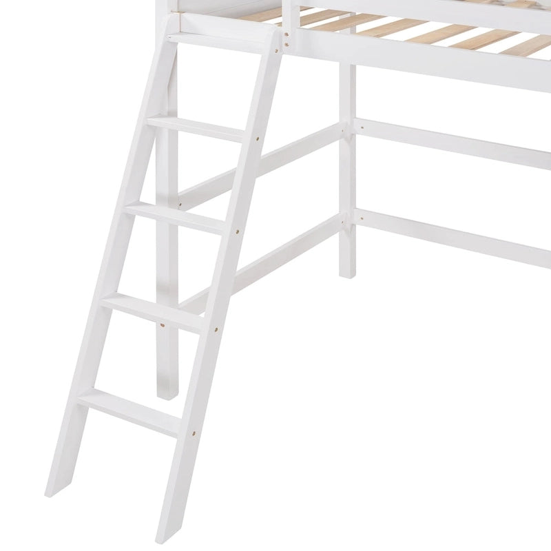 Twin Size Loft Bed with Ladder & Guard Rails - Solid Pine Wood Frame, 14 Slat Support, Space-Saving Design, No Box Spring Needed - 79.5"L x 67.5"H