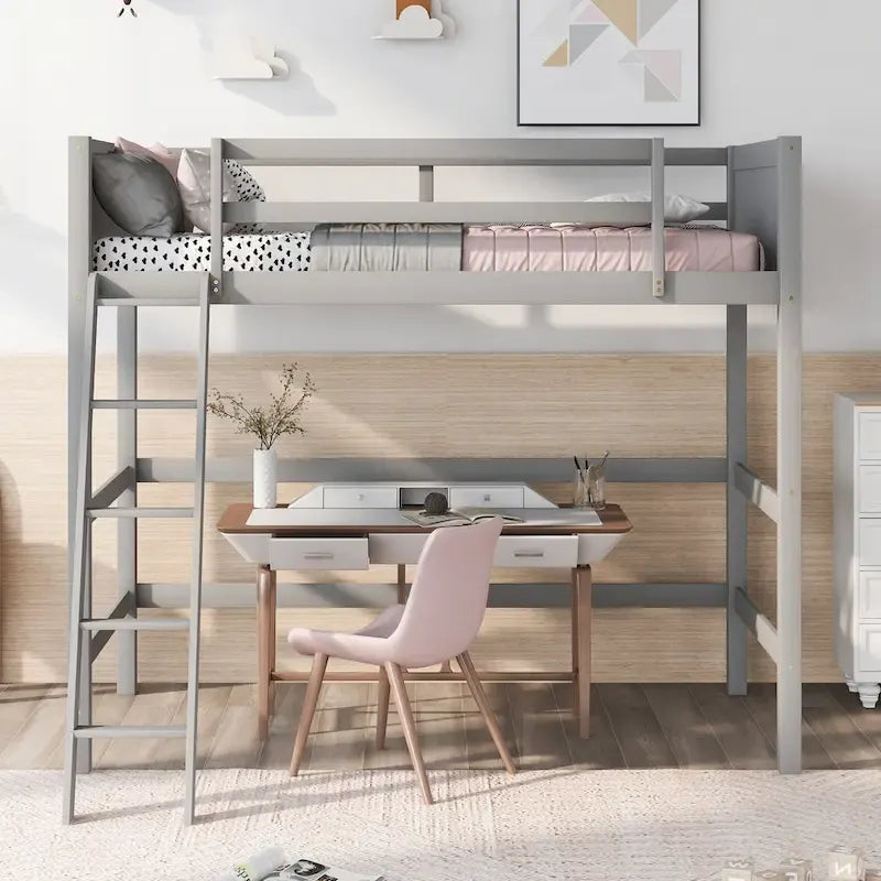 Twin Size Loft Bed with Ladder & Guard Rails - Solid Pine Wood Frame, 14 Slat Support, Space-Saving Design, No Box Spring Needed - 79.5"L x 67.5"H