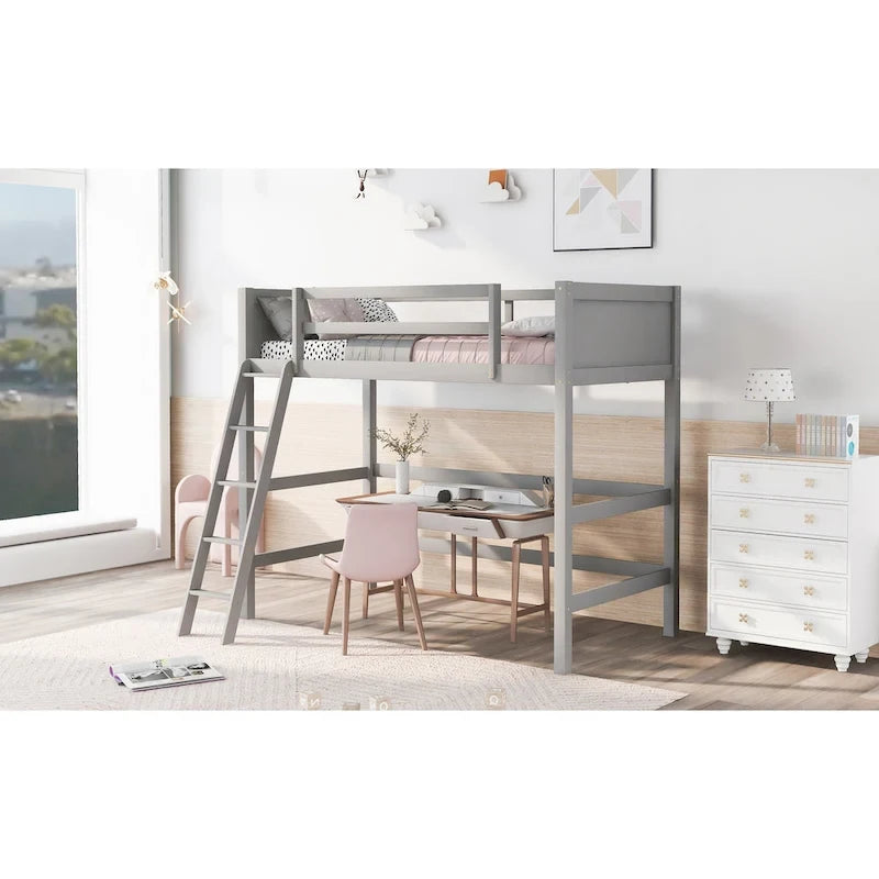 Twin Size Loft Bed with Ladder & Guard Rails - Solid Pine Wood Frame, 14 Slat Support, Space-Saving Design, No Box Spring Needed - 79.5"L x 67.5"H