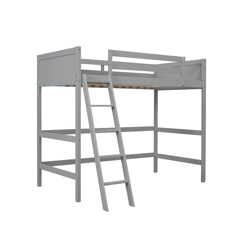 Twin Size Loft Bed with Ladder & Guard Rails - Solid Pine Wood Frame, 14 Slat Support, Space-Saving Design, No Box Spring Needed - 79.5"L x 67.5"H