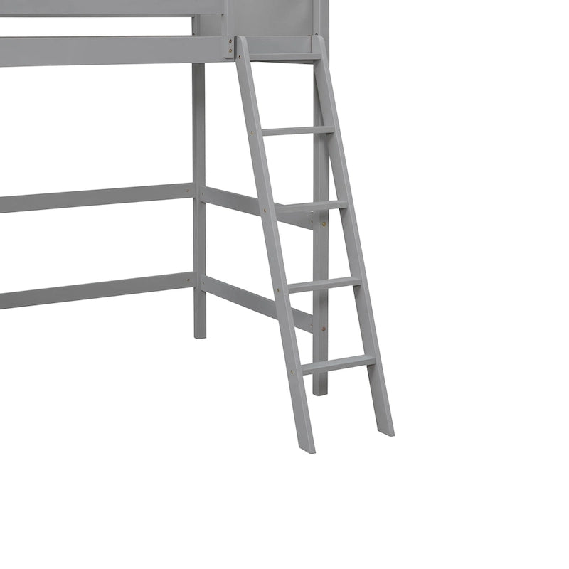 Twin Size Loft Bed with Ladder & Guard Rails - Solid Pine Wood Frame, 14 Slat Support, Space-Saving Design, No Box Spring Needed - 79.5"L x 67.5"H
