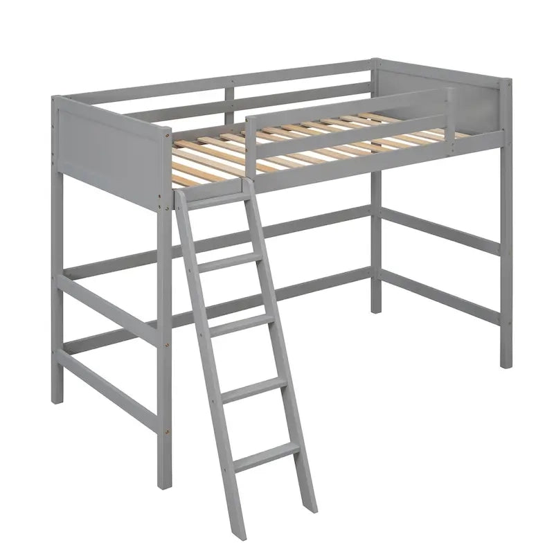 Twin Size Loft Bed with Ladder & Guard Rails - Solid Pine Wood Frame, 14 Slat Support, Space-Saving Design, No Box Spring Needed - 79.5"L x 67.5"H