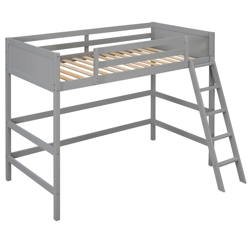 Twin Size Loft Bed with Ladder & Guard Rails - Solid Pine Wood Frame, 14 Slat Support, Space-Saving Design, No Box Spring Needed - 79.5"L x 67.5"H