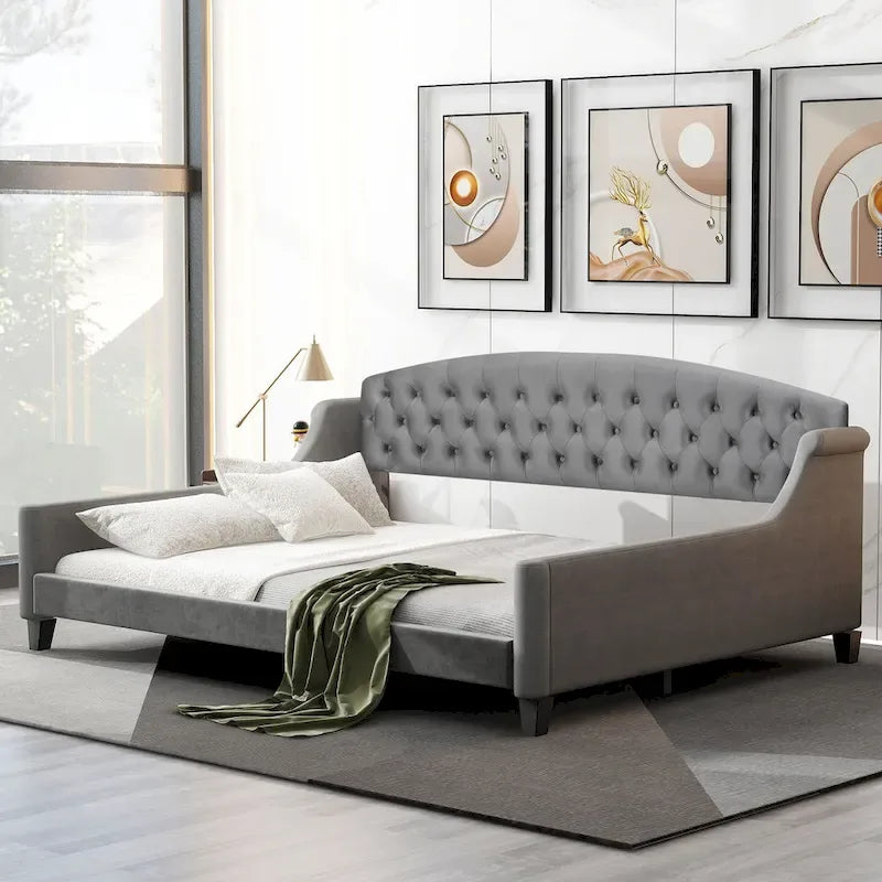 Full Size Tufted Button Daybed - Modern Luxury Design, Plywood Frame with Wood Slats, No Box Spring Needed, Multi-Function