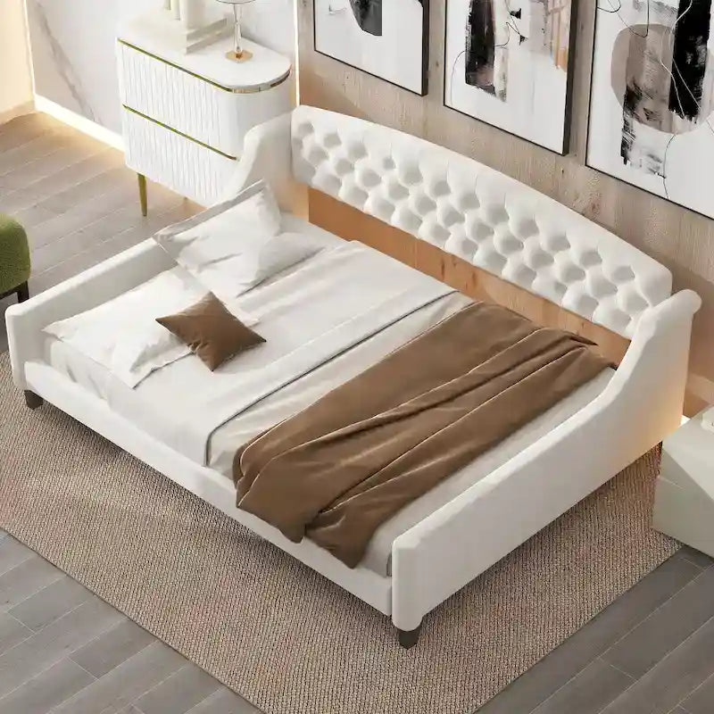 Full Size Tufted Button Daybed - Modern Luxury Design, Plywood Frame with Wood Slats, No Box Spring Needed, Multi-Function