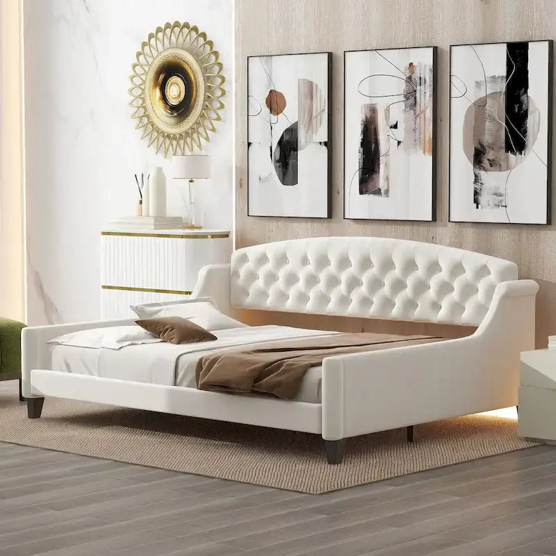 Full Size Tufted Button Daybed - Modern Luxury Design, Plywood Frame with Wood Slats, No Box Spring Needed, Multi-Function