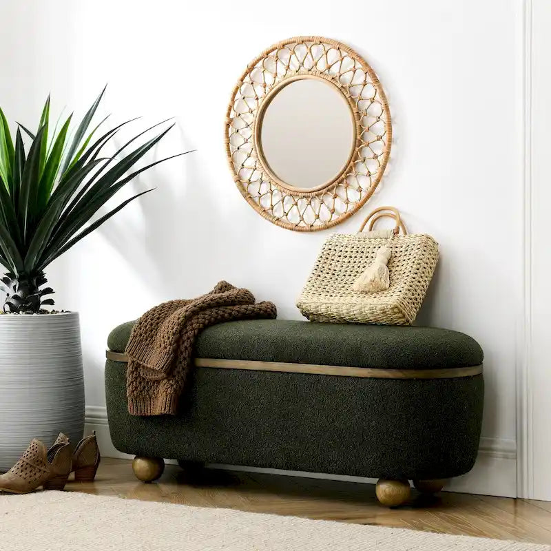 Large Upholstered Storage Ottoman Bench Dark Green Loop Yarn End of Bed Living Room Multi-Purpose Furniture