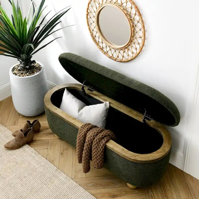 Large Upholstered Storage Ottoman Bench Dark Green Loop Yarn End of Bed Living Room Multi-Purpose Furniture