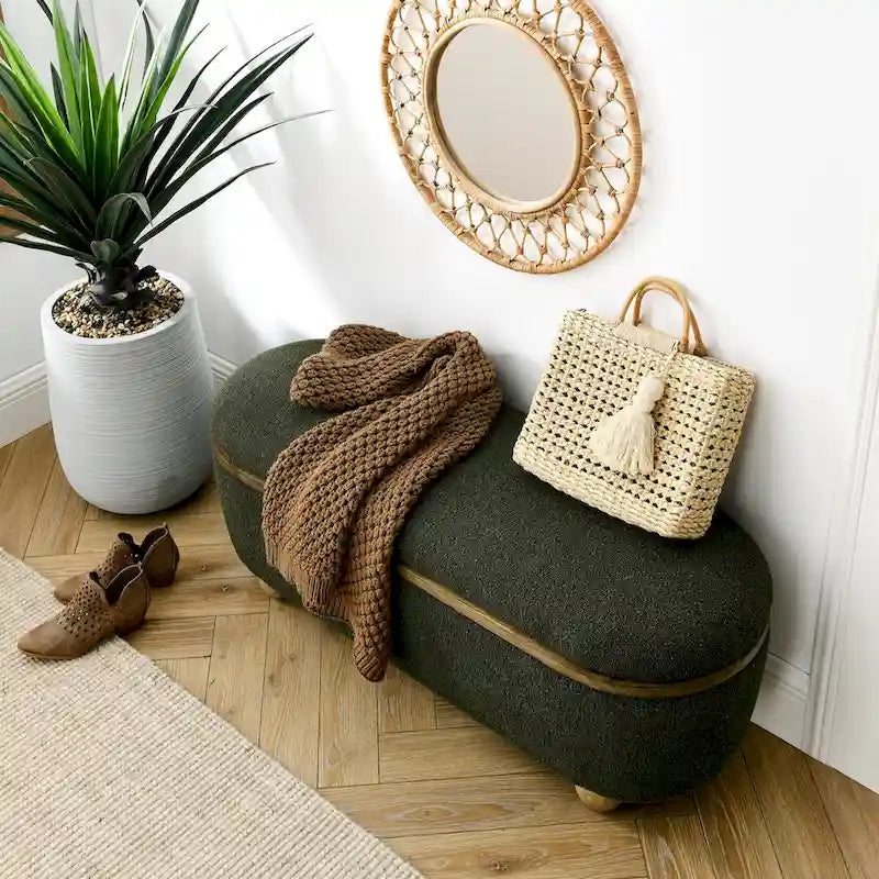 Large Upholstered Storage Ottoman Bench Dark Green Loop Yarn End of Bed Living Room Multi-Purpose Furniture