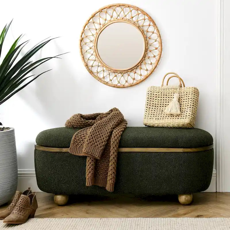 Large Upholstered Storage Ottoman Bench Dark Green Loop Yarn End of Bed Living Room Multi-Purpose Furniture