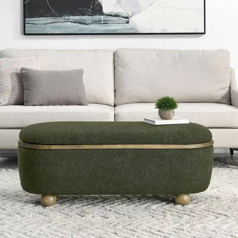 Large Upholstered Storage Ottoman Bench Dark Green Loop Yarn End of Bed Living Room Multi-Purpose Furniture
