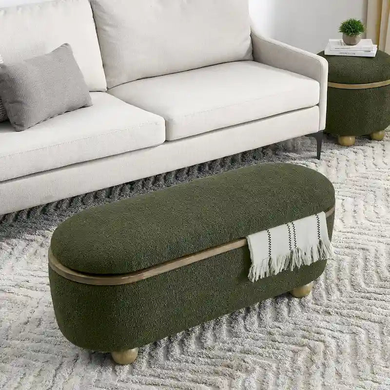 Large Upholstered Storage Ottoman Bench Dark Green Loop Yarn End of Bed Living Room Multi-Purpose Furniture