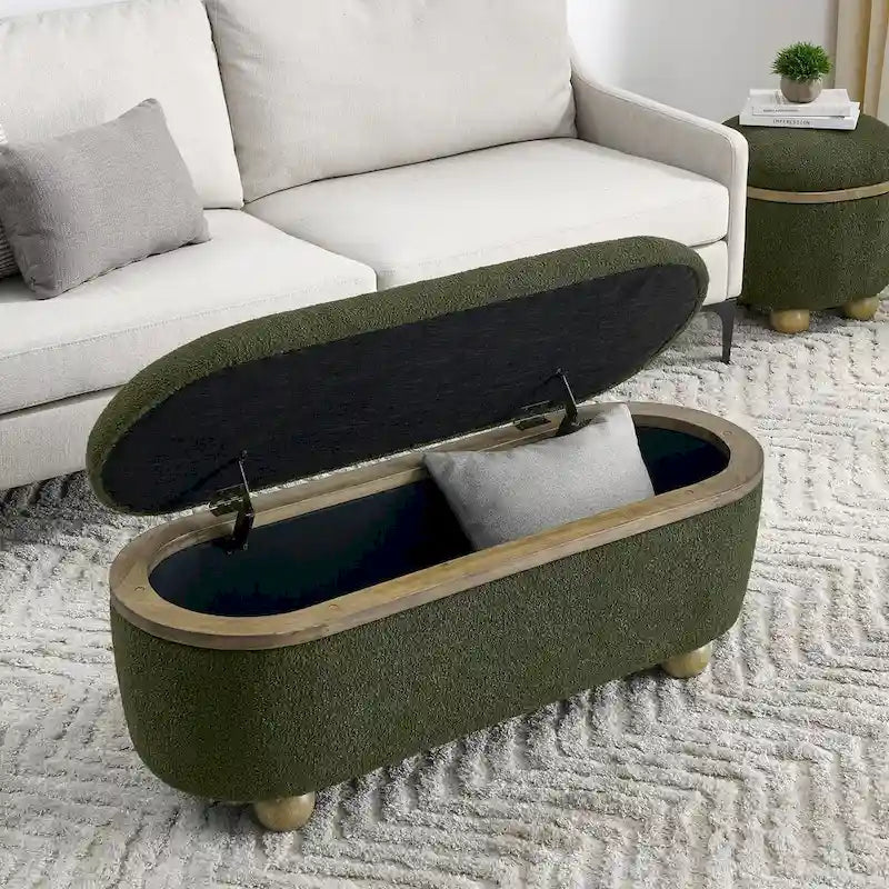 Large Upholstered Storage Ottoman Bench Dark Green Loop Yarn End of Bed Living Room Multi-Purpose Furniture