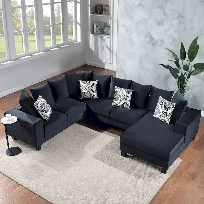 Modern U-Shape Sectional Sofa with Lots of Pillows - Velvet Corner Couch, 100% Polyester, High-Density Foam