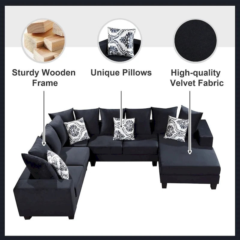 Modern U-Shape Sectional Sofa with Lots of Pillows - Velvet Corner Couch, 100% Polyester, High-Density Foam