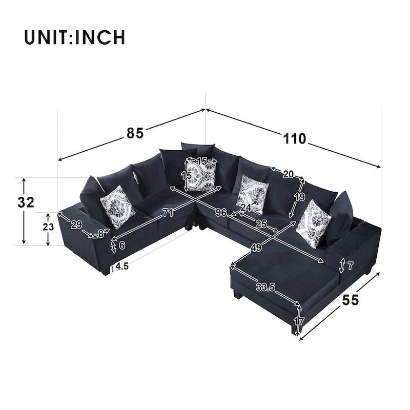 Modern U-Shape Sectional Sofa with Lots of Pillows - Velvet Corner Couch, 100% Polyester, High-Density Foam