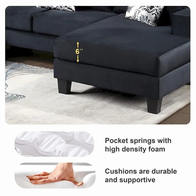 Modern U-Shape Sectional Sofa with Lots of Pillows - Velvet Corner Couch, 100% Polyester, High-Density Foam