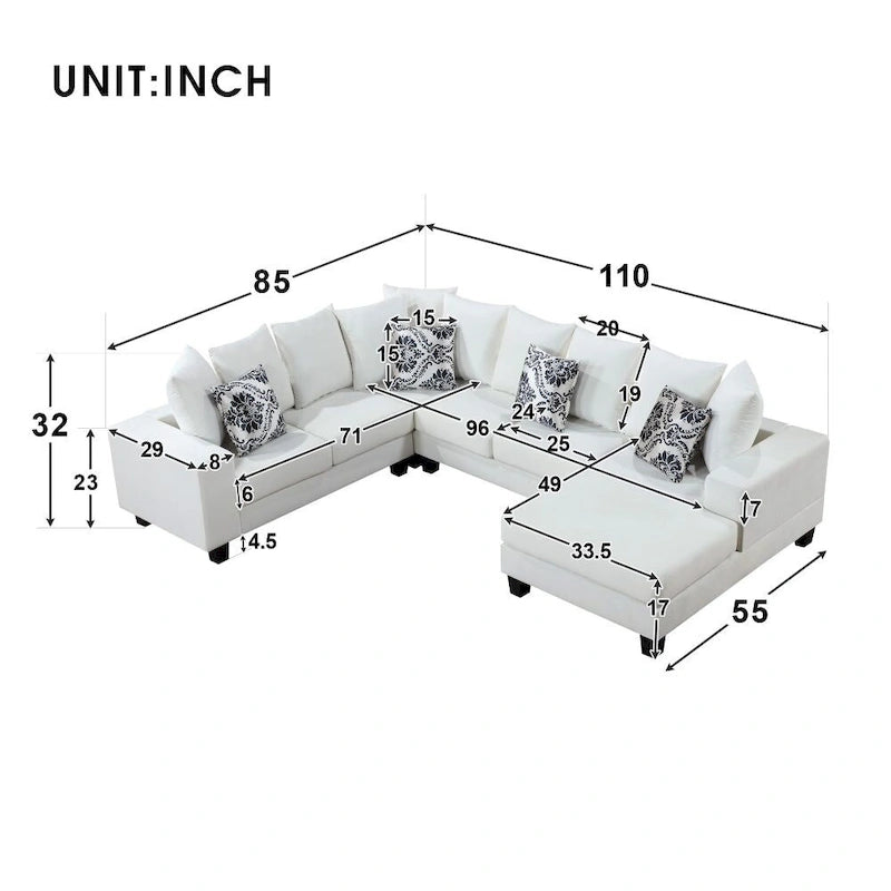 Modern U-Shape Sectional Sofa with Lots of Pillows - Velvet Corner Couch, 100% Polyester, High-Density Foam
