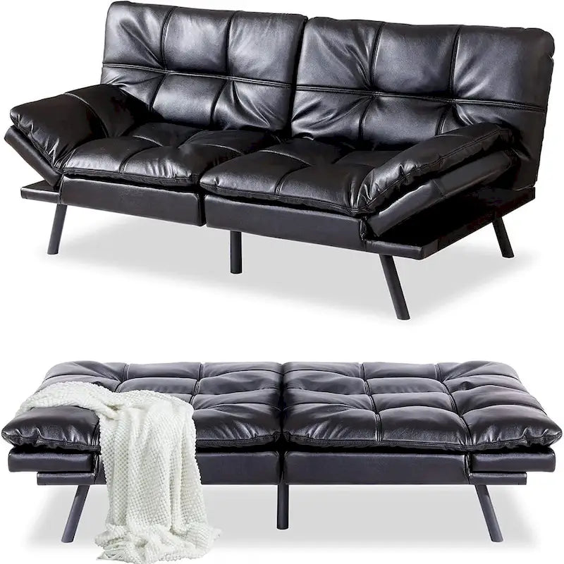 Convertible Futon Sofa Bed with Memory Foam - Faux Leather, Adjustable Backrest & Armrests, Chrome Legs, Space-Saving