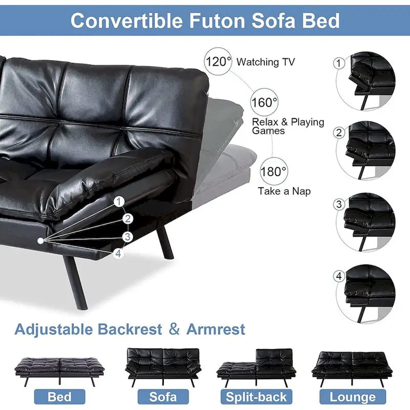 Convertible Futon Sofa Bed with Memory Foam - Faux Leather, Adjustable Backrest & Armrests, Chrome Legs, Space-Saving