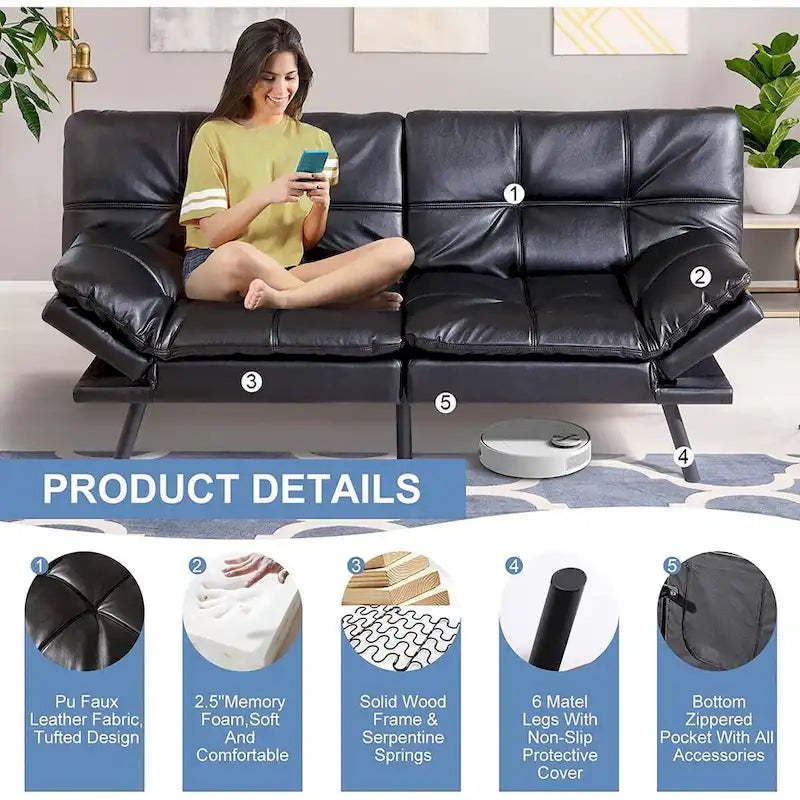 Convertible Futon Sofa Bed with Memory Foam - Faux Leather, Adjustable Backrest & Armrests, Chrome Legs, Space-Saving