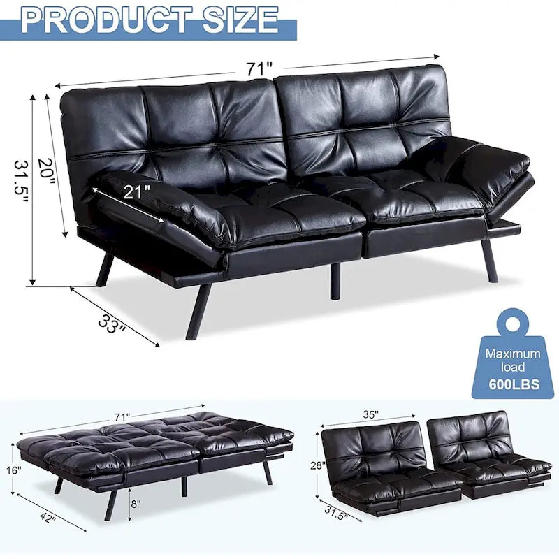 Convertible Futon Sofa Bed with Memory Foam - Faux Leather, Adjustable Backrest & Armrests, Chrome Legs, Space-Saving