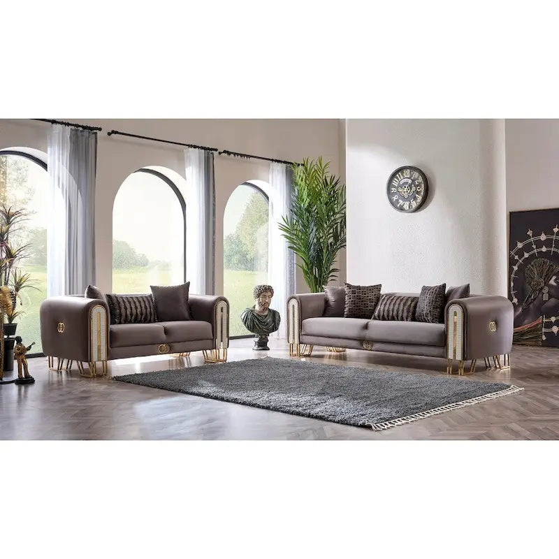 2-Piece Living Room Set - 1 Sofa & 1 Loveseat, Metal Legs, Pillow Back, Gold/Silver Accents, Wooden Details