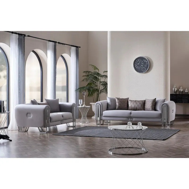 2-Piece Living Room Set - 1 Sofa & 1 Loveseat, Metal Legs, Pillow Back, Gold/Silver Accents, Wooden Details