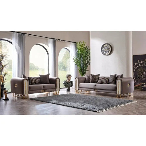 2-Piece Living Room Set - 1 Sofa & 1 Loveseat, Metal Legs, Pillow Back, Gold/Silver Accents, Wooden Details