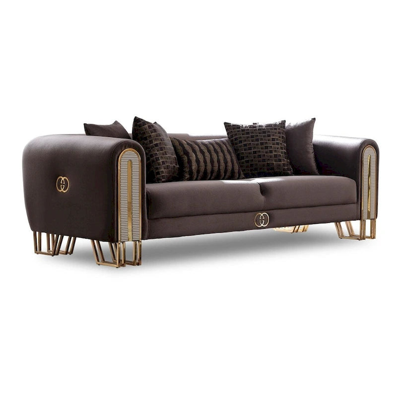 2-Piece Living Room Set - 1 Sofa & 1 Loveseat, Metal Legs, Pillow Back, Gold/Silver Accents, Wooden Details