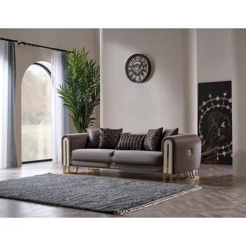 2-Piece Living Room Set - 1 Sofa & 1 Loveseat, Metal Legs, Pillow Back, Gold/Silver Accents, Wooden Details