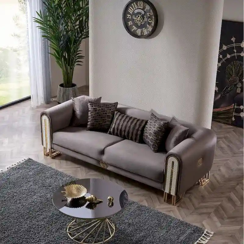 2-Piece Living Room Set - 1 Sofa & 1 Loveseat, Metal Legs, Pillow Back, Gold/Silver Accents, Wooden Details