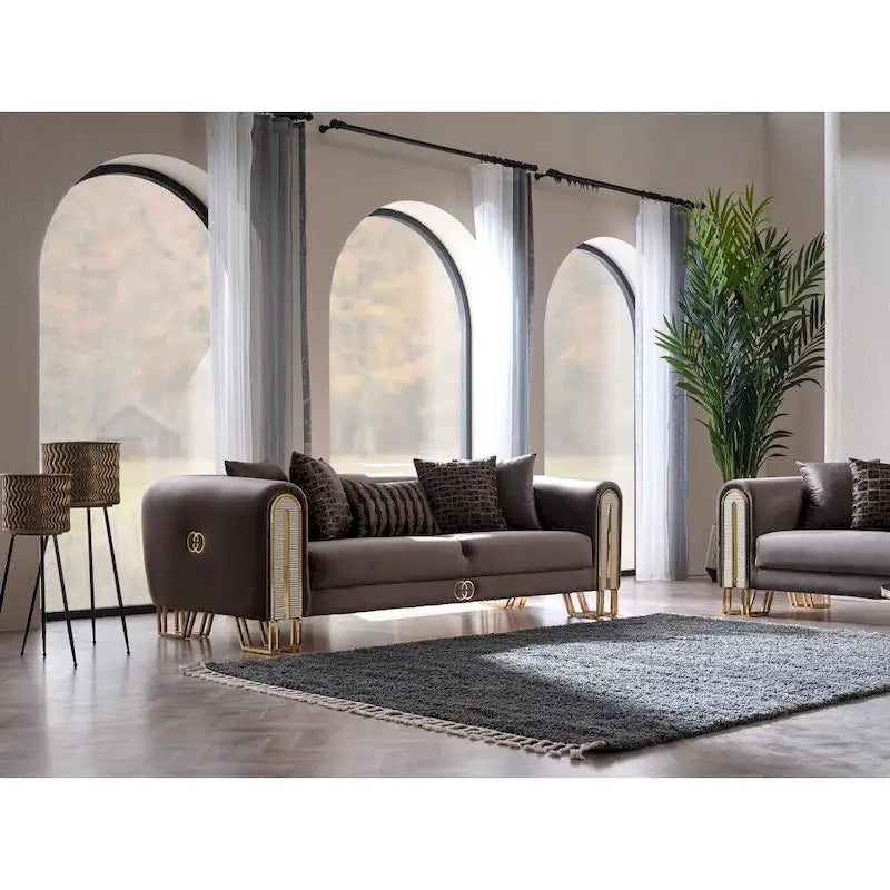 2-Piece Living Room Set - 1 Sofa & 1 Loveseat, Metal Legs, Pillow Back, Gold/Silver Accents, Wooden Details